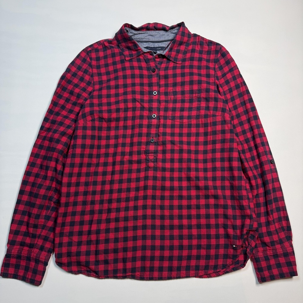 Tommy Hilfiger Shirt Womens Small Red Plaid Flannel Roll Tab Button Up Top